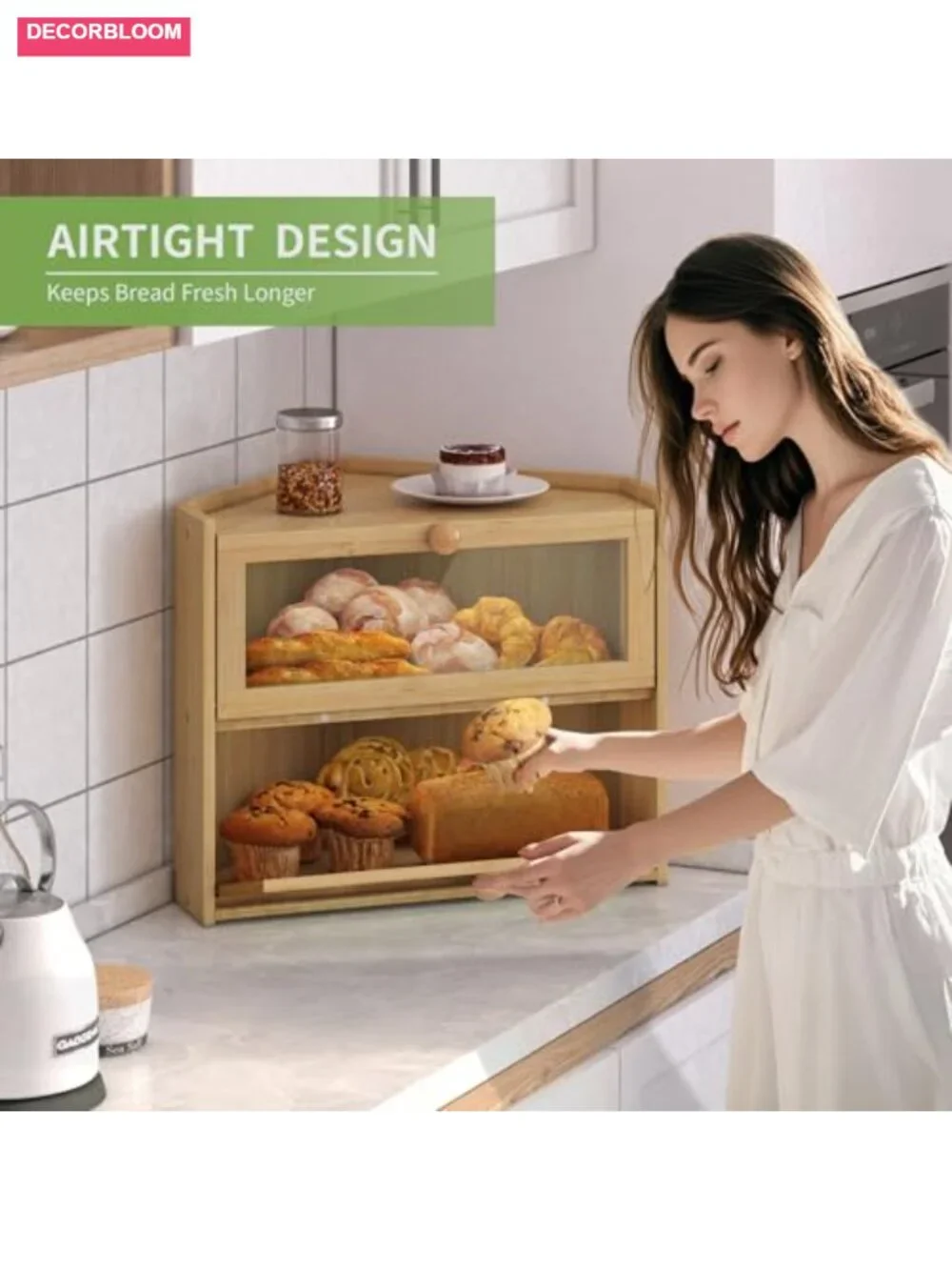 Large Corner Bread Box with Bamboo Material and Magnetic Latch